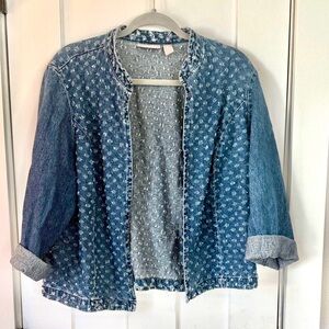 Chico’s Blue Patterned Denim Jacket Size 2 (Fits Like L)